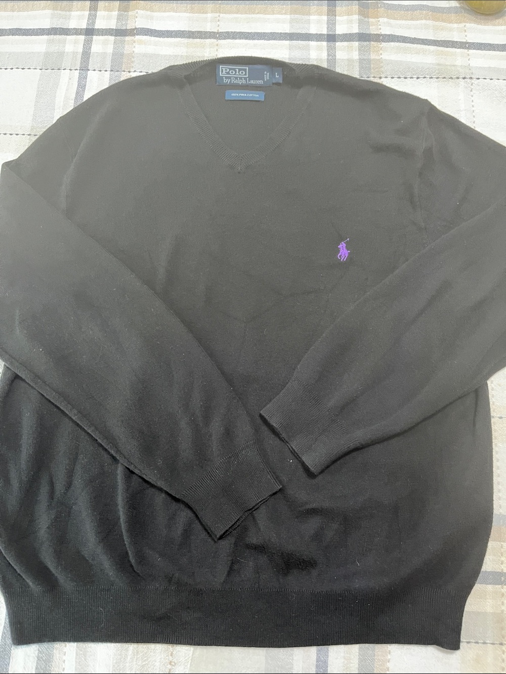 Vintage Polo by Ralph Lauren Black V-Neck Sweater with Purple Pony Embroidery